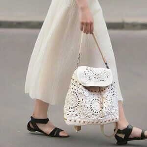 Neiman Marcus White Beige Handmade Crochet Backpack
